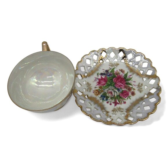 SHAFFORD Cup And Saucer Floral Design Gold Accents IRIDESCENT Finish Japan - Picture 8 of 11